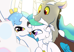 Size: 4092x2893 | Tagged: safe, artist:marukouhai, imported from derpibooru, discord, princess celestia, oc, oc:eris, hybrid, dislestia, family, family photo, female, grin, hugwink, interspecies offspring, male, offspring, parent:discord, parent:princess celestia, parents:dislestia, scrunchy face, selfie, shipping, straight, tongue out