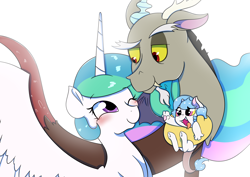 Size: 4092x2893 | Tagged: safe, artist:marukouhai, imported from derpibooru, discord, princess celestia, oc, oc:eris, hybrid, blushing, dislestia, family, family photo, female, interspecies offspring, male, offspring, parent:discord, parent:princess celestia, parents:dislestia, shipping, simple background, straight