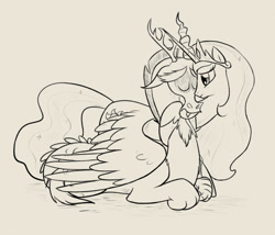 Size: 900x770 | Tagged: safe, artist:celestiathegreatest, imported from derpibooru, discord, princess celestia, dislestia, female, hug, male, monochrome, nuzzling, prone, sad, shipping, simple background, straight, winghug