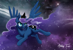 Size: 800x549 | Tagged: safe, artist:arctic-fox, imported from derpibooru, princess luna, alicorn, pony, female, flying, galaxy mane, mare, signature, smiling, solo, space