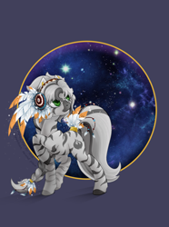 Size: 2629x3527 | Tagged: safe, artist:arctic-fox, imported from derpibooru, oc, oc only, oc:rish, zebra, feather, headdress, raised hoof, solo, space, stars