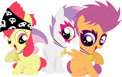 Size: 3598x2271 | Tagged: safe, artist:porygon2z, imported from derpibooru, apple bloom, scootaloo, sweetie belle, pegasus, pony, unicorn, the show stoppers, alternate hairstyle, bandana, cutie mark crusaders, looking down, medallion, open mouth, rock star, show stopper outfits, simple background, sitting, trace, transparent background, vector