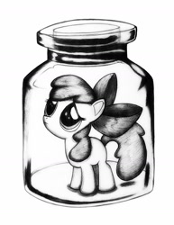 Size: 1080x1401 | Tagged: safe, artist:jonathan-c-eastwood, imported from derpibooru, apple bloom, adorabloom, bottle, cute, female, frown, jar, jar of pony, looking up, monochrome, pony in a bottle, sad, solo, traditional art, trapped