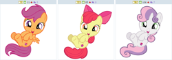 Size: 766x270 | Tagged: safe, artist:disneybrony2012, imported from derpibooru, apple bloom, scootaloo, sweetie belle, derpibooru, adorabloom, cute, cutealoo, cutie mark, cutie mark crusaders, diabetes, diasweetes, exploitable meme, juxtaposition, juxtaposition win, looking at you, meme, meta, on back, open mouth, simple background, smiling, the cmc's cutie marks, vector, weapons-grade cute, white background