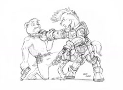 Size: 1024x749 | Tagged: safe, artist:baron engel, imported from derpibooru, diamond dog, pony, fight, future, gun, monochrome, pencil drawing, traditional art, weapon