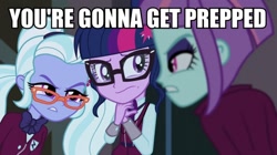 Size: 712x400 | Tagged: safe, imported from derpibooru, screencap, sci-twi, sugarcoat, sunny flare, twilight sparkle, equestria girls, friendship games, image macro, meme, unleash the magic