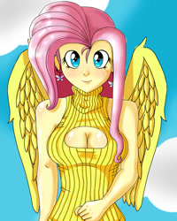 Size: 1200x1500 | Tagged: safe, artist:eduarknes, imported from derpibooru, fluttershy, human, boob window, cleavage, clothes, ear piercing, earring, female, humanized, jewelry, keyhole turtleneck, looking at you, open-chest sweater, piercing, solo, sweater, sweatershy, turtleneck, winged humanization