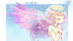 Size: 1280x720 | Tagged: safe, artist:miniiming, imported from derpibooru, princess cadance, human, alternative cutie mark placement, clothes, dress, eyes closed, female, horned humanization, humanized, magic, shoulder cutie mark, solo, winged humanization