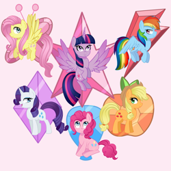 Size: 7000x7000 | Tagged: safe, artist:emera33, imported from derpibooru, applejack, fluttershy, pinkie pie, rainbow dash, rarity, twilight sparkle, alicorn, pony, absurd resolution, cowboy hat, element of generosity, element of honesty, element of kindness, element of laughter, element of loyalty, element of magic, elements of harmony, female, flying, freckles, group, hat, mane six, mare, open mouth, sitting, stetson, twilight sparkle (alicorn)