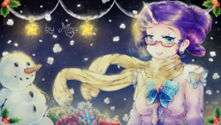 Size: 1920x1080 | Tagged: safe, artist:miniiming, imported from derpibooru, rarity, human, clothes, female, glasses, horned humanization, humanized, present, scarf, shirt, snowman, solo