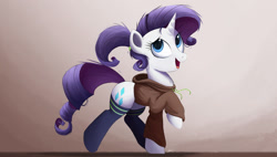 Size: 2000x1138 | Tagged: safe, artist:ncmares, imported from derpibooru, rarity, pony, unicorn, alternate hairstyle, chest fluff, clothes, cute, female, hoodie, mare, messy mane, ncmares is trying to murder us, open mouth, ponytail, raised hoof, raribetes, smiling, socks, solo, sweater