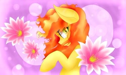 Size: 720x431 | Tagged: safe, artist:chromadraws, imported from derpibooru, oc, oc only, oc:sand veil, female, flower, flowing mane, looking at you, solo, yellow eyes