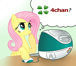 Size: 804x695 | Tagged: safe, edit, imported from derpibooru, screencap, fluttershy, pegasus, pony, 4chan, apple, computer, female, flutter thought, food, fs doesn't know what she's getting into, imac, image macro, looking up, meme, rainbow, raised hoof, solo, text, this will end in tears, thought bubble