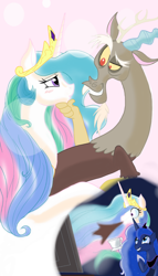 Size: 1000x1750 | Tagged: safe, artist:theroyalprincesses, imported from derpibooru, discord, princess celestia, princess luna, computer, dislestia, female, food, male, raised eyebrow, shipping, shipping denied, spit take, straight, tea