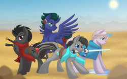 Size: 1024x643 | Tagged: safe, artist:itstaylor-made, imported from derpibooru, oc, oc only, oc:axl, oc:glyde, oc:merlow, oc:sparks, earth pony, pegasus, pony, unicorn, ape escape, cloak, clothes, desert, hmd, magic, scarf, stunclub, sun, sword, weapon