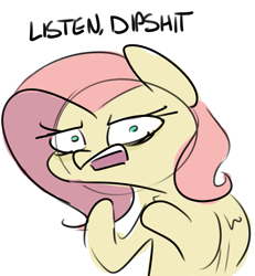 Size: 797x864 | Tagged: safe, artist:nobody, imported from derpibooru, fluttershy, pegasus, pony, angry, dipshit, female, frown, glare, listen here, looking at you, mare, open mouth, out of character, reaction image, simple background, sketch, solo, vulgar, white background