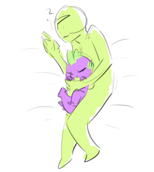 Size: 890x994 | Tagged: safe, artist:nobody, imported from derpibooru, spike, oc, oc:anon, human, cuddling, sketch, sleeping, spooning