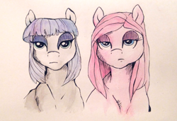 Size: 1140x781 | Tagged: safe, artist:buttersprinkle, imported from derpibooru, maud pie, pinkie pie, duo, pinkamena diane pie, traditional art, unamused