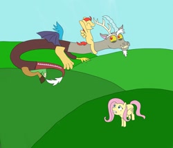 Size: 965x827 | Tagged: safe, artist:allonsbro, imported from derpibooru, discord, fluttershy, oc, oc:honeycrisp, flying, next generation, offspring, parent:braeburn, parent:fluttershy, parents:braeshy