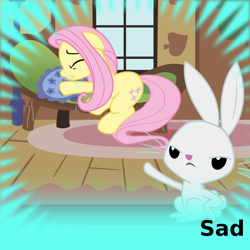 Size: 1024x1024 | Tagged: safe, artist:cheezedoodle96, derpibooru exclusive, imported from derpibooru, angel bunny, fluttershy, pegasus, pony, rabbit, derpibooru, ponyville confidential, angry, animal, couch, crying, duo, eyes closed, female, fluttershy's cottage, frown, lamp, male, mare, meta, official spoiler image, pillow, sad, spoilered image joke