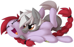 Size: 1023x654 | Tagged: safe, alternate version, artist:wingedwolf94, imported from derpibooru, oc, oc only, oc:crab apple, oc:ryo disk, braid, braided tail, crabdisk, female, male, neck biting, oc x oc, shipping, simple background, snuggling, straight, tickling, transparent background