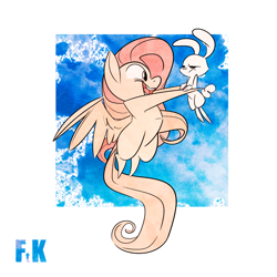 Size: 2000x2000 | Tagged: safe, artist:fluttershythekind, imported from derpibooru, angel bunny, fluttershy, flying, grumpy, happy, holding, pointy ponies