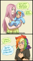 Size: 700x1275 | Tagged: safe, artist:hazurasinner, imported from derpibooru, fluttershy, rainbow dash, oc, oc:windy belle, human, blushing, bunny costume, bunny pajamas, clothes, comic, crying, cute, daaaaaaaaaaaw, dawwww, diabetes, dialogue, female, flutterdash, footed sleeper, hnnng, humanized, lesbian, long hair, magical lesbian spawn, ocbetes, offspring, open mouth, parent:fluttershy, parent:rainbow dash, parents:flutterdash, paw pads, rainbow hair, ring, shipping, simple background, speech bubble, tanktop, thought bubble