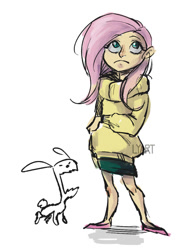 Size: 758x1000 | Tagged: safe, artist:lya, imported from derpibooru, angel bunny, fluttershy, human, clothes, female, humanized, shoes, skirt, solo, standing, strange, sweater, sweatershy, weird