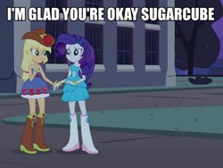 Size: 731x550 | Tagged: safe, edit, imported from derpibooru, screencap, applejack, rarity, equestria girls, female, holding hands, image macro, implied rarijack, meme, text