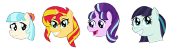 Size: 4625x1350 | Tagged: safe, artist:sketchmcreations, imported from derpibooru, coco pommel, coloratura, starlight glimmer, sunset shimmer, pony, absurd resolution, floating head, rara, simple background, smiling, transparent background, vector