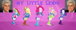 Size: 1250x500 | Tagged: safe, edit, edited screencap, imported from derpibooru, screencap, applejack, fluttershy, pinkie pie, rainbow dash, rarity, twilight sparkle, equestria girls, jay leno, mane six, wat