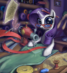 Size: 1839x2000 | Tagged: safe, artist:inowiseei, imported from derpibooru, rarity, sweetie belle, drawing, fabric, female, glasses, looking at you, magic, mannequin, needle, pen, picture, picture frame, scissors, sewing machine, solo, thread, wide eyes