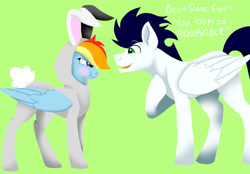 Size: 1024x713 | Tagged: safe, artist:colourstrike, imported from derpibooru, rainbow dash, soarin', pony, blushing, bunny costume, clothes, costume, female, male, shipping, soarindash, speech, straight