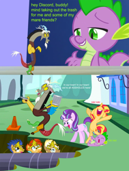 Size: 1500x1988 | Tagged: safe, artist:chainchomp2 edit, artist:chainchomp2 edits, artist:itv-canterlot, artist:nabbiekitty, artist:osipush, artist:porygon2z, artist:shnakes, artist:xebck, edit, edited screencap, hundreds of users filter this tag, imported from derpibooru, screencap, vector edit, discord, flash sentry, spike, starlight glimmer, sunburst, sunset shimmer, trenderhoof, pony, unicorn, abuse, banana, canterlot, construction, dialogue, evil, exploitable meme, flashabuse, food, hole, laughing, meme, mocking, open mouth, pipe (plumbing), pointing, revenge, singing, sunburst abuse, sunburst bashing, trap (device), trash, trash can, trenderhoof abuse, varying degrees of want, vector, waifu thief