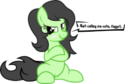 Size: 2215x1480 | Tagged: safe, artist:nxzc88, imported from derpibooru, oc, oc only, oc:anon, oc:filly anon, /mlp/, adoranon, angry, blushing, cute, dialogue, faggot, female, filly, frown, i'm not cute, rule 63, scrunchy face, show accurate, simple background, slur, solo, speech bubble, transparent background, tsundere, vector, vulgar