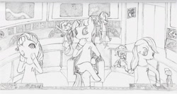 Size: 3275x1751 | Tagged: safe, artist:lordspiffy, imported from derpibooru, applejack, fluttershy, pinkie pie, princess celestia, rainbow dash, rarity, twilight sparkle, bridge, crossover, enterprise, freckles, mane six, monochrome, pencil drawing, ponified, star trek, starry eyes, traditional art, vulcan neck pinch