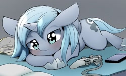 Size: 1024x619 | Tagged: safe, artist:skippy_the_moon, imported from derpibooru, princess luna, pony, gamer luna, controller, female, filly, gamer woona, prone, solo, woona