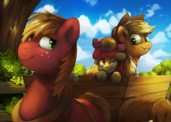 Size: 1024x728 | Tagged: safe, artist:anticular, imported from derpibooru, apple bloom, applejack, big macintosh, earth pony, pony, cart, male, stallion