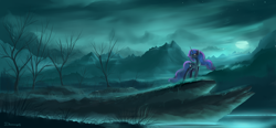 Size: 2200x1022 | Tagged: dead source, safe, artist:shamanguli, imported from derpibooru, princess luna, alicorn, pony, female, mare, missing accessory, moon, night, scenery, scenery porn, solo