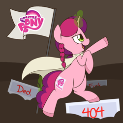 Size: 2500x2500 | Tagged: safe, artist:quarantinedchaoz, imported from derpibooru, oc, oc only, oc:marker pony, pony, /mlp/, 404, battlefield, bipedal, cape, clothes, flag, magic, meta, open mouth, pointing, simple background, solo, telekinesis, vulgar