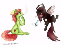 Size: 1024x768 | Tagged: safe, artist:wilt and blush, imported from derpibooru, tree hugger, oc, oc:invictia sadie, changeling, bong, colored, coughing, drugs, duo, joint, marijuana, red changeling, smiling, smoking