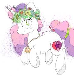 Size: 1602x1644 | Tagged: artist needed, source needed, safe, imported from derpibooru, sweetie belle, pony, unicorn, cloven hooves, female, floral head wreath, flower, hippie, jewelry, looking at you, necklace, paint splatter, simple background, solo, white background