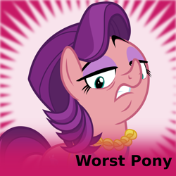 Size: 1024x1024 | Tagged: safe, artist:cheezedoodle96, imported from derpibooru, spoiled rich, pony, derpibooru, female, frown, glare, gritted teeth, looking at you, mare, meta, official spoiler image, pun in description, solo, spoilered image joke, vector, worst pony