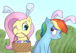 Size: 1754x1240 | Tagged: safe, artist:wonkysole, imported from derpibooru, fluttershy, rainbow dash, basket, blushing, bunny ears, cute, dashabetes, duo, easter, easter egg, embarrassed, mouth hold, one eye closed, shyabetes