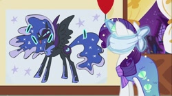 Size: 1100x618 | Tagged: safe, imported from derpibooru, screencap, nightmare moon, rarity, mermaid, scare master, blindfold, clothes, costume, dress, mermarity, nightmare night, nightmare night costume, pin the tail on the pony, rarity's mermaid dress