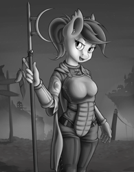Size: 1250x1600 | Tagged: safe, artist:anti1mozg, imported from derpibooru, oc, oc only, anthro, bat pony, anthro oc, armor, bardiche, cape, clothes, grayscale, monochrome, night guard, solo, weapon