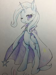 Size: 1536x2048 | Tagged: safe, artist:hashioaryut, imported from derpibooru, trixie, pony, unicorn, bipedal, female, hoof hold, smiling, solo, traditional art, wand, wink