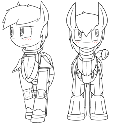 Size: 3000x2959 | Tagged: safe, artist:erthilo, imported from derpibooru, oc, oc only, earth pony, pegasus, pony, fallout equestria, armor, blushing, enclave, enclave armor, grand pegasus enclave, monochrome, power armor, powered exoskeleton, steel ranger, steel rangers, tsundere