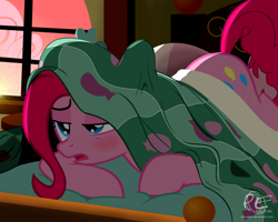 Size: 2000x1600 | Tagged: safe, artist:ponyecho, imported from derpibooru, part of a set, pinkie pie, pony, bed, bed mane, bedroom, blushing, cute, diapinkes, female, frown, mare, messy mane, morning, morning ponies, open mouth, ponyecho is trying to murder us, prone, show accurate, sleepy, solo, sunrise