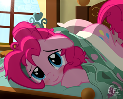 Size: 2000x1600 | Tagged: safe, artist:ponyecho, imported from derpibooru, part of a set, pinkie pie, earth pony, pony, bed, bed hair, bedroom, bedroom eyes, blushing, cute, diapinkes, female, floppy ears, looking at you, mare, messy mane, morning ponies, ponyecho is trying to murder us, show accurate, smiling, solo